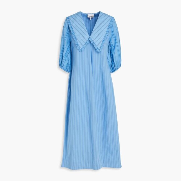 Ganni Re-Cut Striped Cotton V-Neck Midi Dress Blue Puff Sleeve - Picture 4 of 13